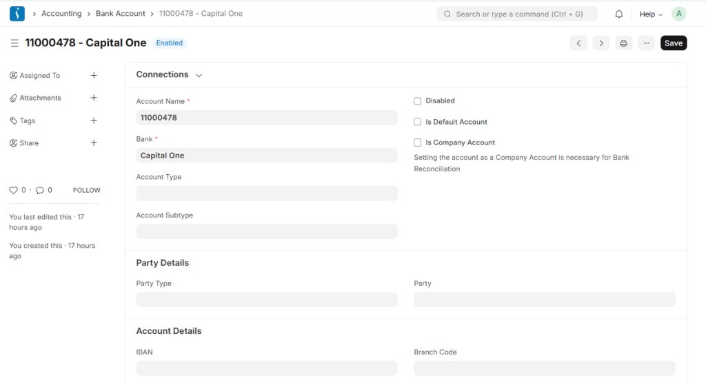 ERP bank account form showing account information for accounting and transactions