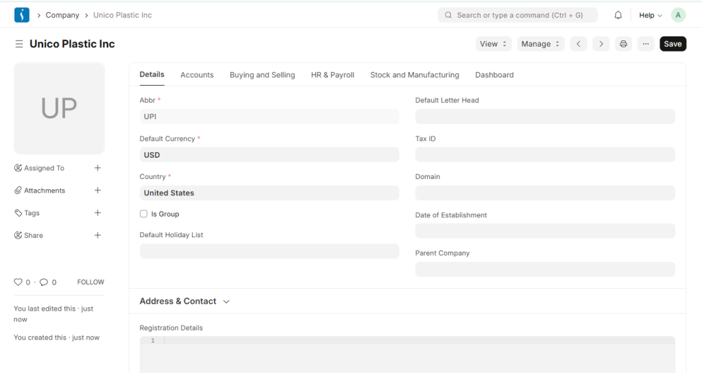 Adding a new company in UniERP with company details and financial settings