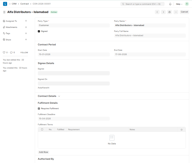 Contract record management interface in UniERP CRM system
