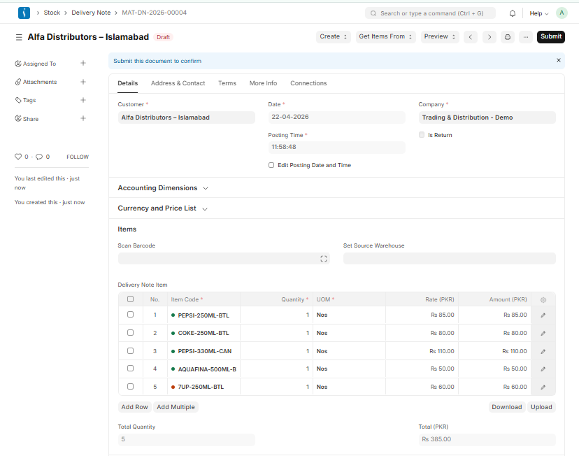 Delivery Note form in UniERP showing dispatched items, customer details, and shipment information for order delivery management.
