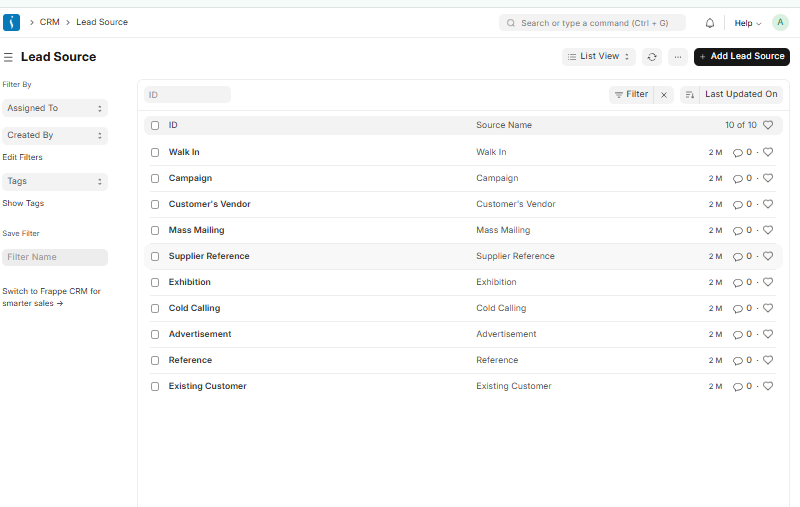 CRM lead source detail configuration screen