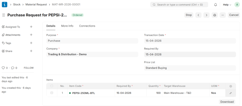 Material request for inventory setup