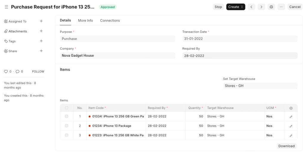 ERP purchase request used to request materials from procurement department