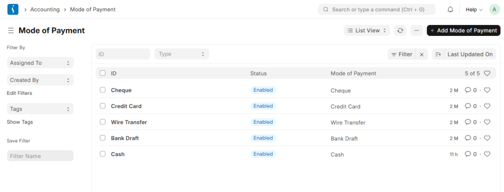 Payment methods setup in ERP showing cash, cheque, and bank transfer options