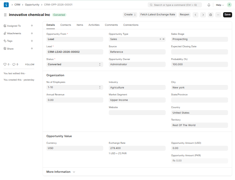 UniERP CRM sales opportunity detail interface