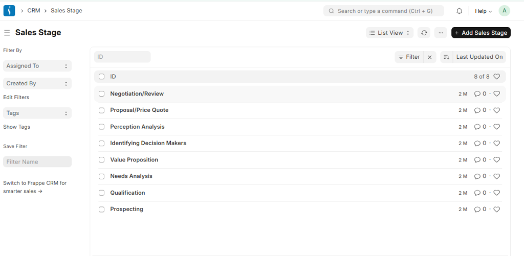 Opportunity sales stage workflow in CRM system