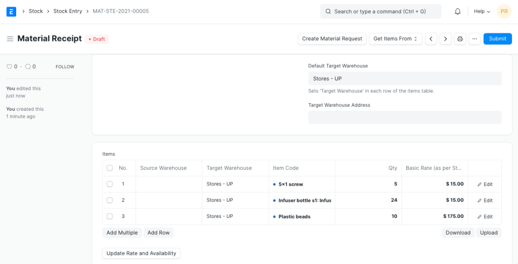 Add stock in warehouse