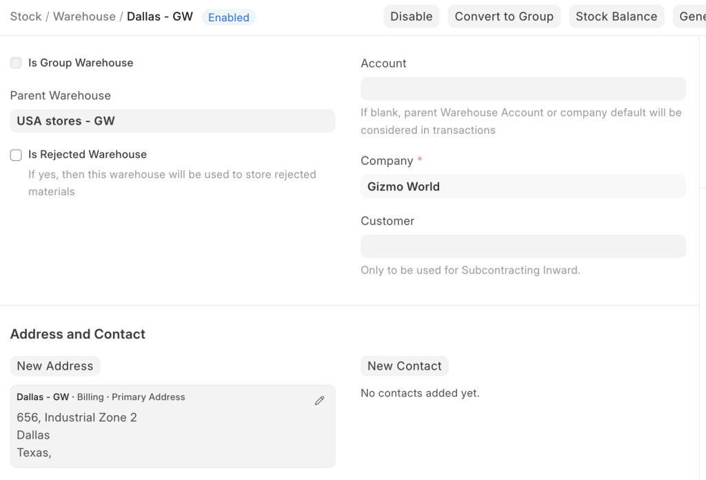 Warehouse setup for Inventory Management