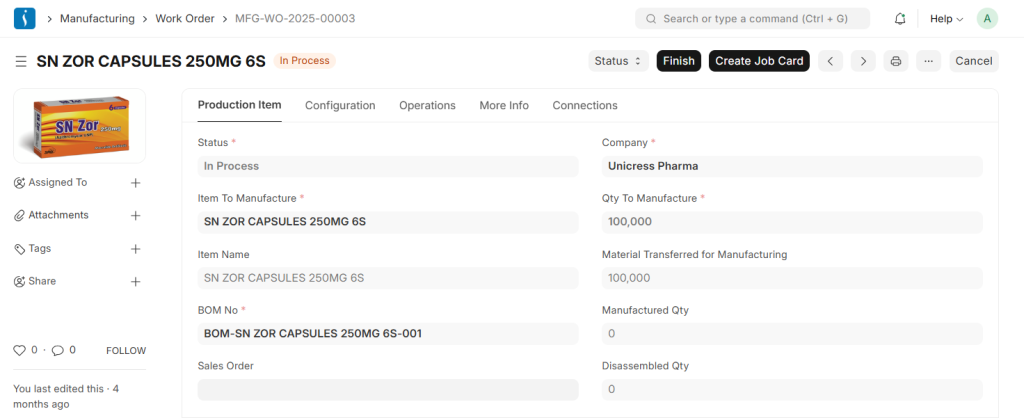 Work order showing production details and required quantity