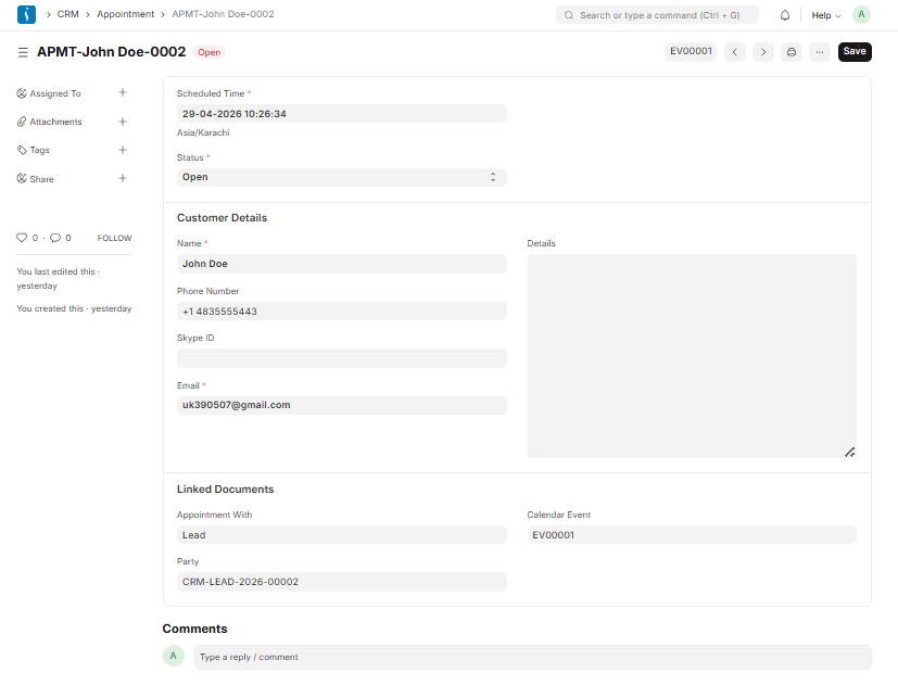 Customer appointment tracking interface in CRM system