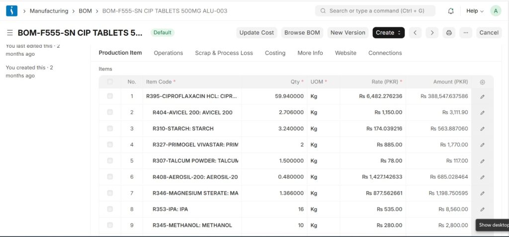 ERP Bill of Materials showing item structure and quantities