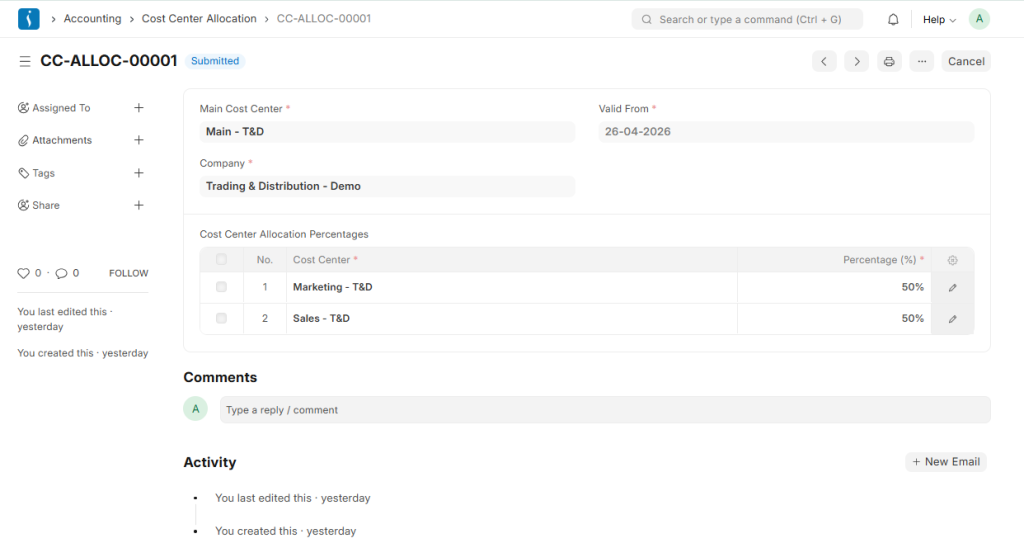 Cost center allocation setup in ERP with percentage-based expense distribution