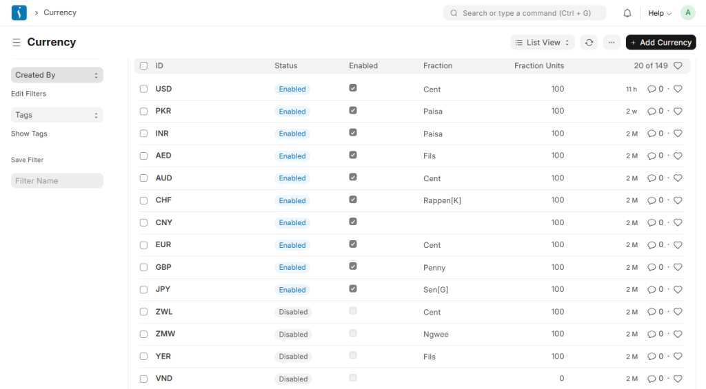 UniERP currency management screen for enabling multi-currency accounting support