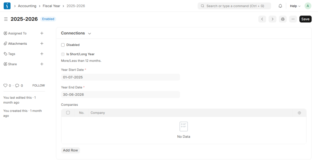 Fiscal year configuration in UniERP accounting module with start and end dates