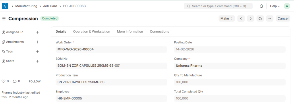 ERP job card used to track individual manufacturing operations in production