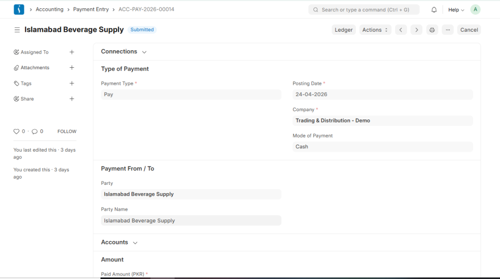 Recording payment in ERPNext with receive, pay, and internal transfer options