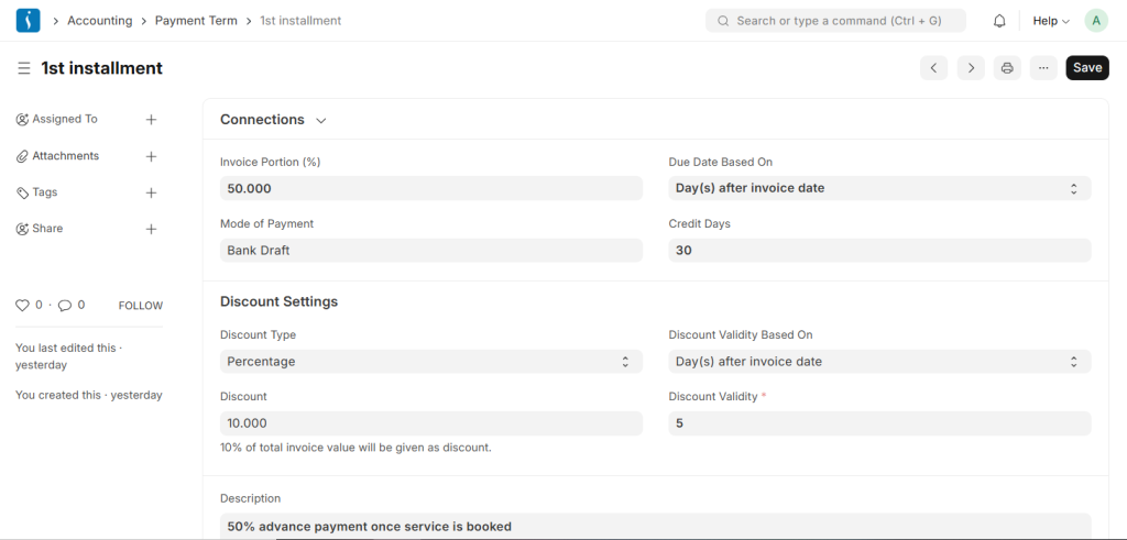 UniERP setup for payment terms defining installment and due date conditions