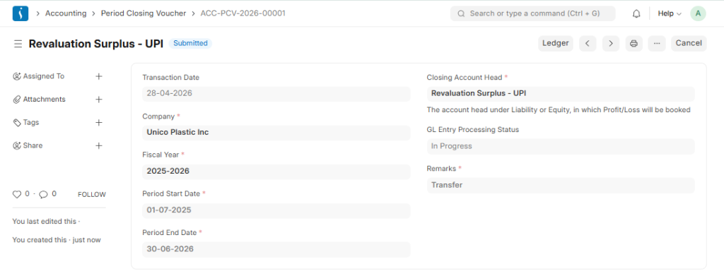 Accounting period closing voucher screen in ERP for finalizing financial statements