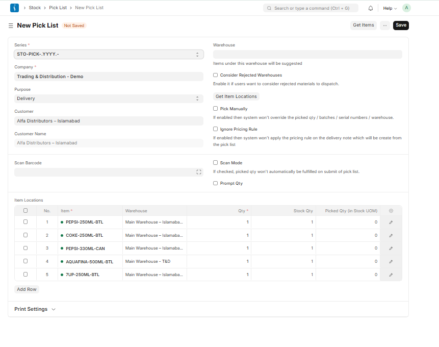 Pick List form in UniERP showing selected items, quantities, and warehouse locations for efficient order picking and fulfillment.
