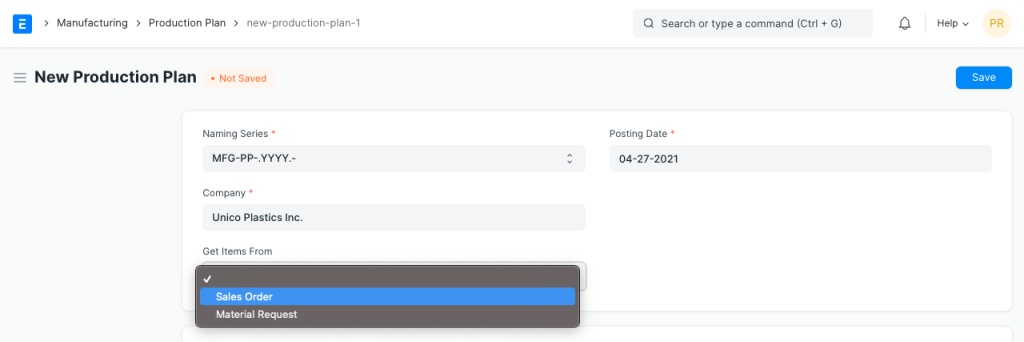 ERP production plan used to schedule and manage manufacturing orders