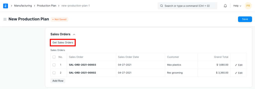 Manufacturing plan showing demand-based production scheduling in ERP system
