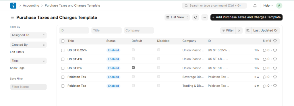 Purchase tax template setup in ERP with multiple tax components and charge types