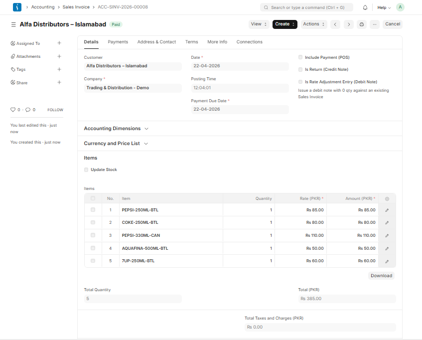 Sales Invoice form in UniERP showing billed items, customer details, taxes, and total amount for sales and accounting management.
