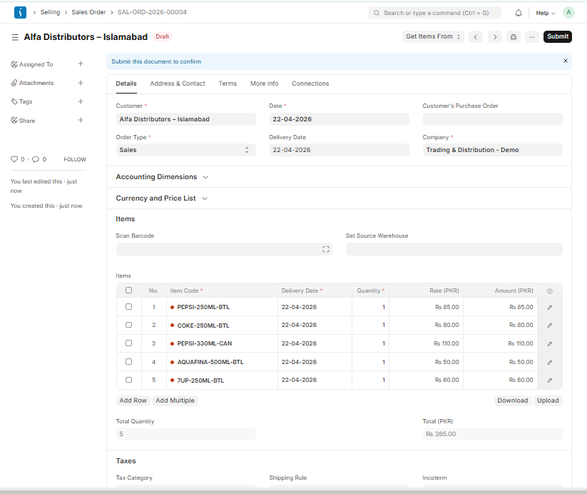 Sales Order form in UniERP showing customer details, item list, quantities, pricing, and delivery information for order management.

