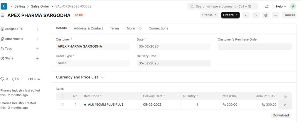 Order document created for customer sales in ERP system