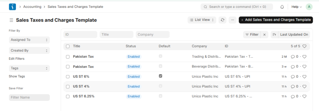 Sales tax template setup in ERP with multiple tax components and charge types