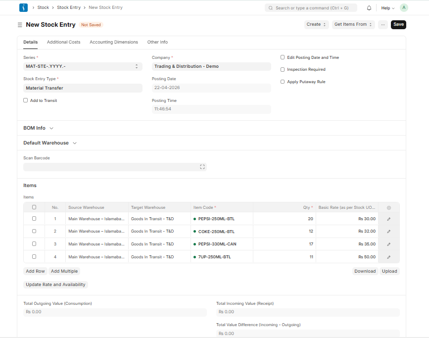 Stock Entry transfer form in UniERP showing movement of items between source and target warehouses for inventory management.