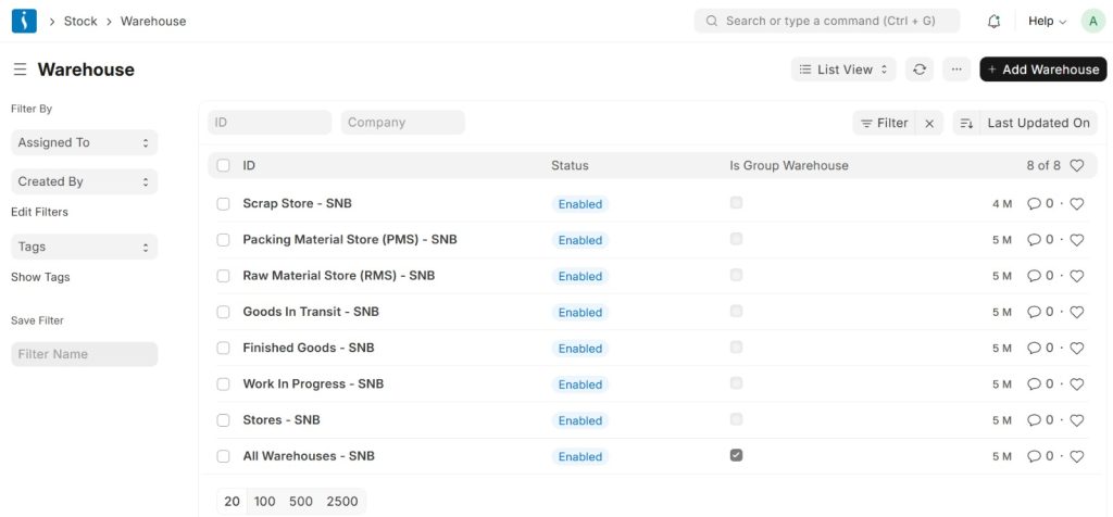 Distribution warehouse for stock management in ERP system