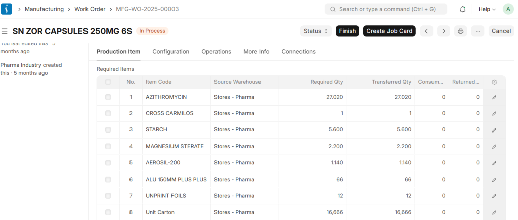 Manufacturing order document linking BOM and routing in ERP system