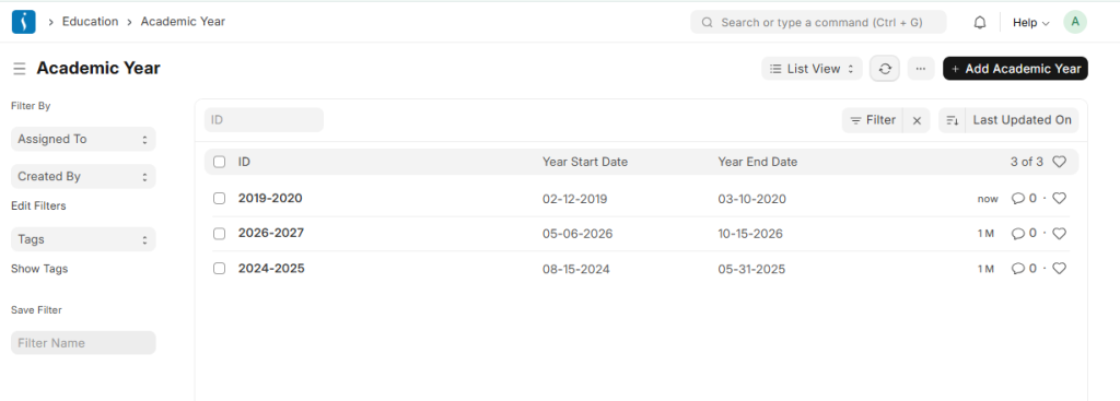 Academic year management module in UniEdu ERP software