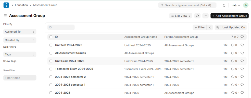 Assessment management module in education ERP system for creating and evaluating student exams and quizzes