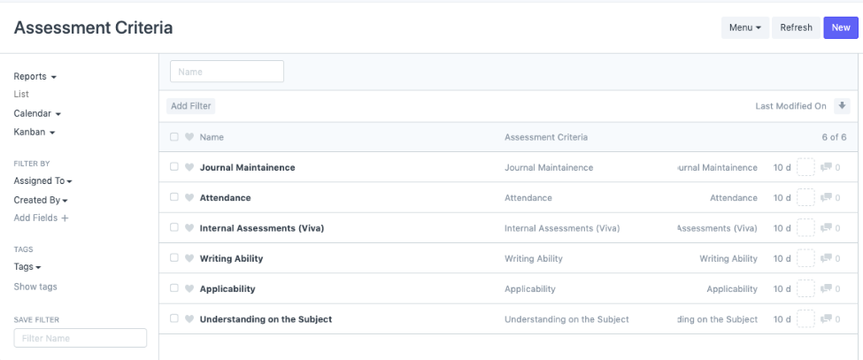 Assessment criteria setup in education ERP system for defining grading rules and evaluation standards