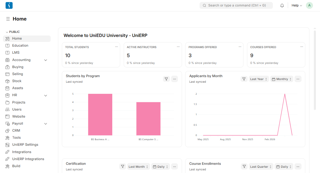 Modern education ERP software dashboard for schools, colleges, and universities