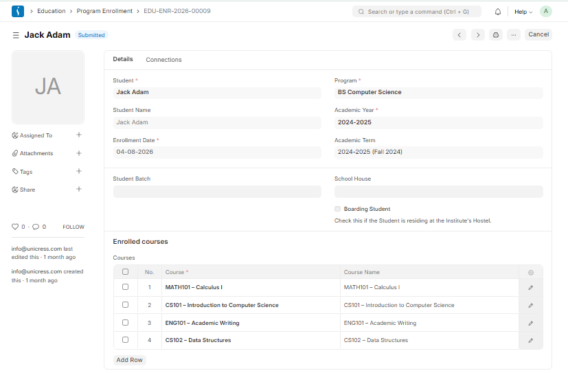 Program enrollment screen in education ERP system for registering students into academic programs