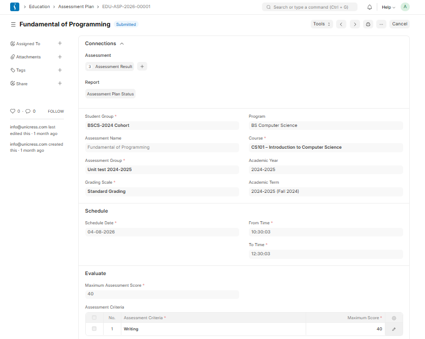 Assessment plan setup in education ERP system for scheduling exams, quizzes, and evaluations