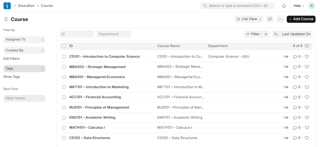 Course management module in education ERP system for creating and organizing academic courses