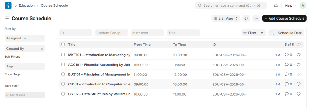UniEdu ERP course scheduling module showing weekly class timings and instructor assignments