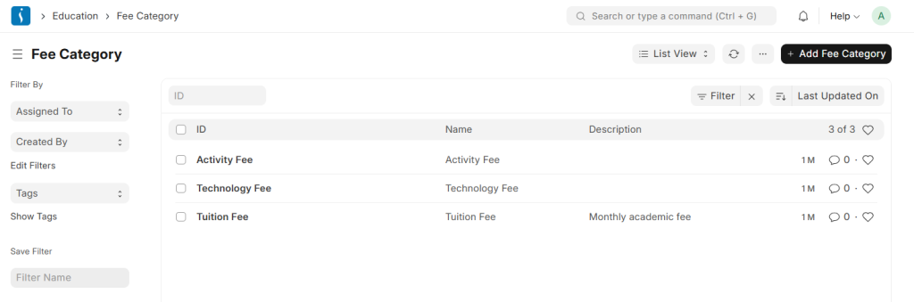 Fee category setup in education ERP system for defining different types of student charges