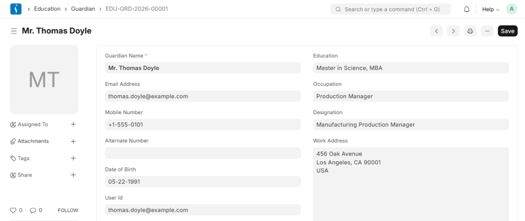 Guardian information form in education ERP system for managing student parent or guardian details