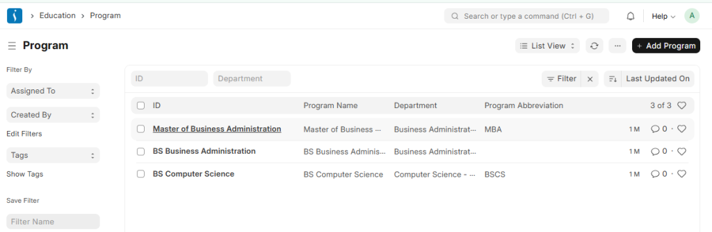 Academic program management module in UniEdu ERP software for defining courses and degrees