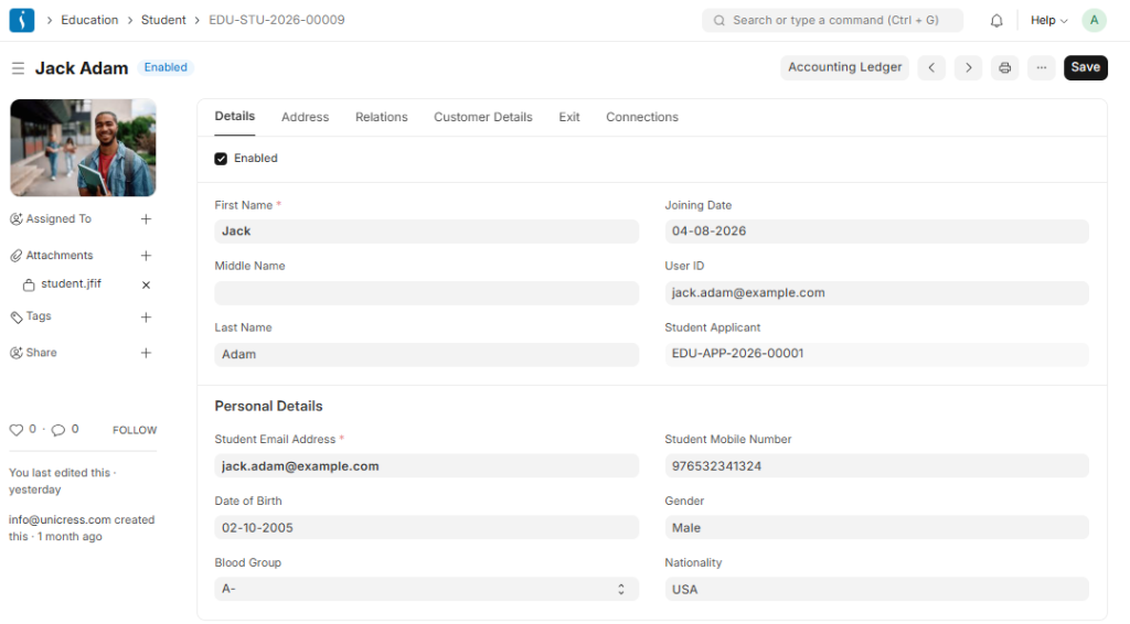 Add student form in education ERP software with student details and admission information