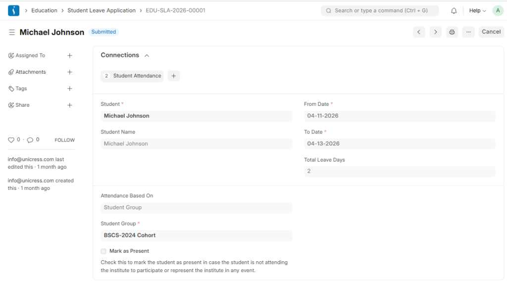 Student leave application form in education ERP system for requesting absences with reason and dates