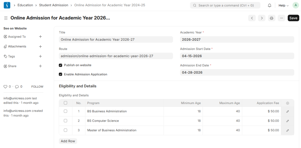 Student admission form in UniEdu ERP system for enrolling new students with personal and academic details