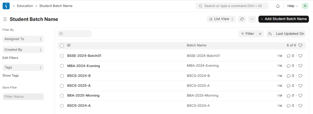 Student batch module for organizing academic groups and enrollments