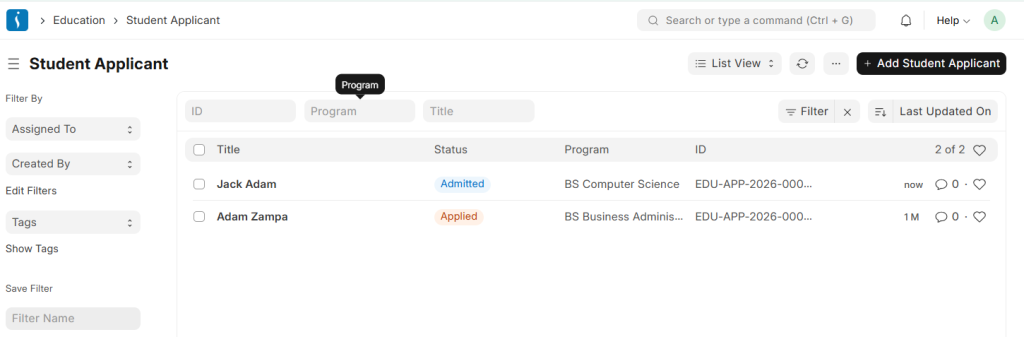 Student applicant dashboard in education ERP showing admission applications and status