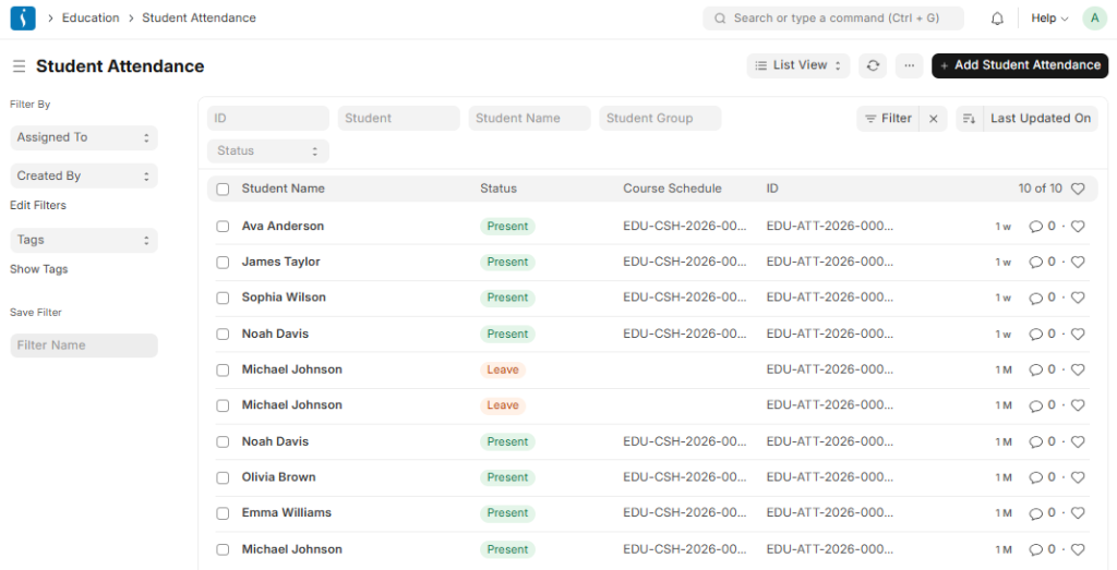 Academic attendance module in ERP software for monitoring student participation and records